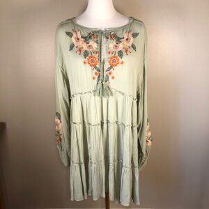 Free People Sage Green Floral Embroidered Boho Tunic Long Sleeve Dress Size S/P